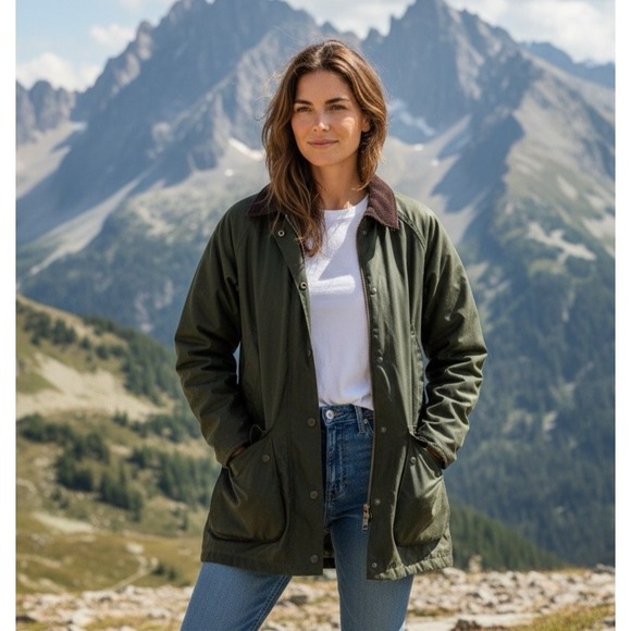 Lands' End Jackets & Blazers - Lands‎ End Womens Waxed Barn Jacket Green Plaid Lined Corduroy Collar Medium